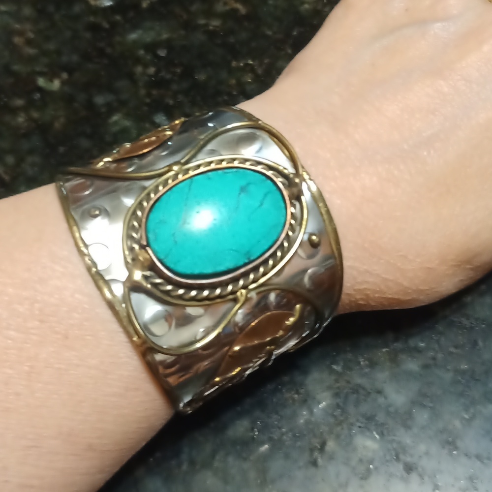 Bohemian Hand Crafted Blue Turquoise Wide Cuff Bracelet BOHO